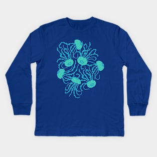 JELLIES Gently Swimming Jellyfish Coastal Ocean Undersea Aquarium Sea Creatures in 1970s Retro Turquoise on Blue - UnBlink Studio by Jackie Tahara Kids Long Sleeve T-Shirt